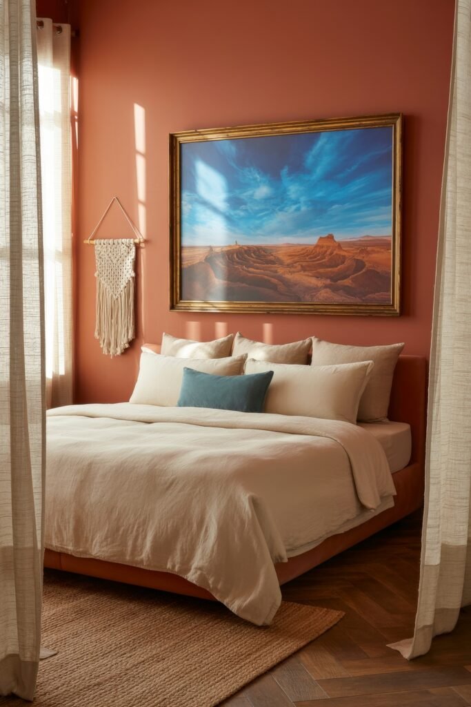 Terracotta Bedroom Ideas: Genius Ways to Glow 29 Terracotta bedroom with soft ivory bedding, a teal accent pillow, macramé wall decor, and a large framed desert landscape above the bed.
