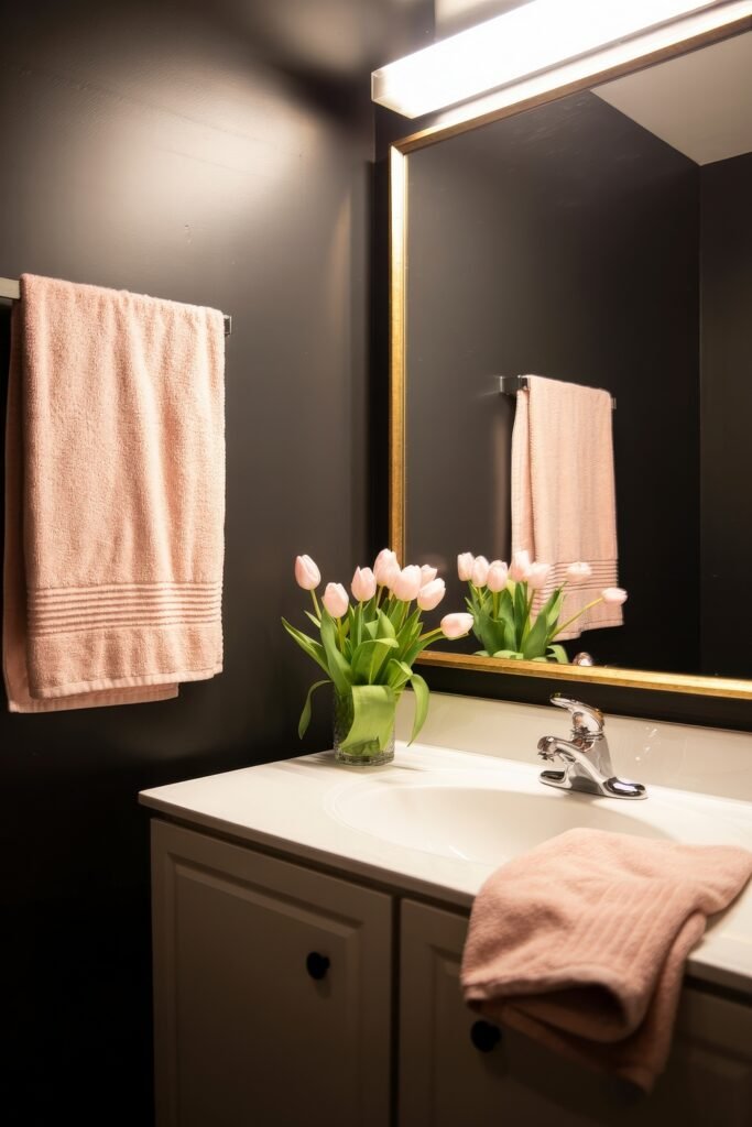 Black Bathroom Ideas: Genius Ways to Create Moody Glam 26 Elegant bathroom with soft pink towels, a white vanity, and a vase of tulips, all set against matte black walls and a gold-framed mirror for a chic contrast.