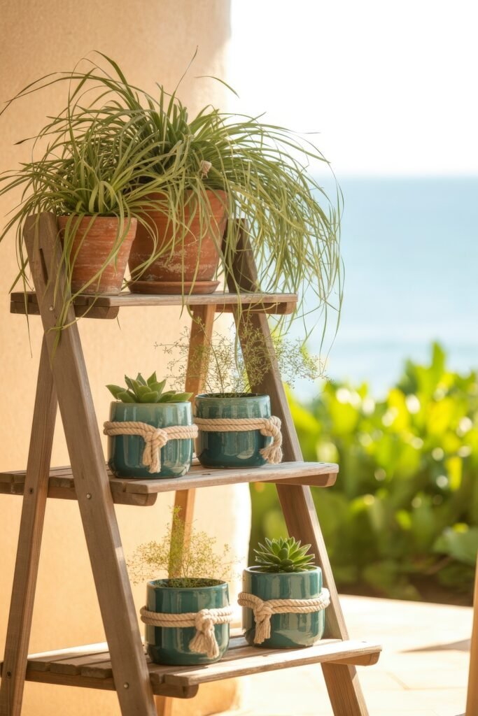 Coastal Summer Vibes for City Apartments 37 Ladder shelf with terracotta and turquoise pots holding succulents and grasses, styled for coastal summer decor on a sunny balcony.