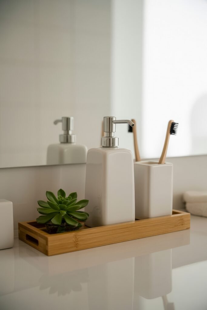 Cream Bathroom Ideas: Genius Ways to Warm Up Your Space 30 Clean, modern vanity arrangement with white ceramic soap dispenser and toothbrush holder in a bamboo tray, beside a small succulent, evoking calm and simplicity in a Neutral & White Bathroom Themes.