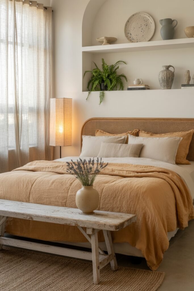 Earthy Bedroom Ideas: 12 Essential Ways to Elevate Your Space 29 Serene Bohemian bedroom with golden bedding, dried lavender on a distressed white bench, built-in arch shelving with pottery, and a soft ambient glow.