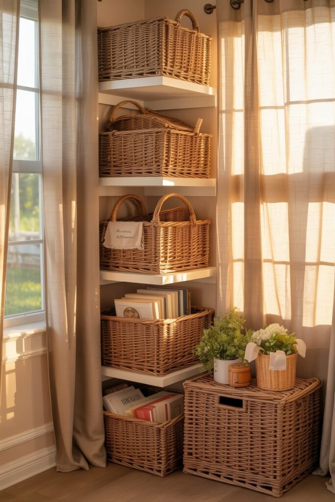 Cozy Fall Sunroom Ideas: Autumn Decor for a Warm Retreat 31 Corner of a sunroom with white floating shelves, wicker baskets, books, and plants, softly lit by natural light.