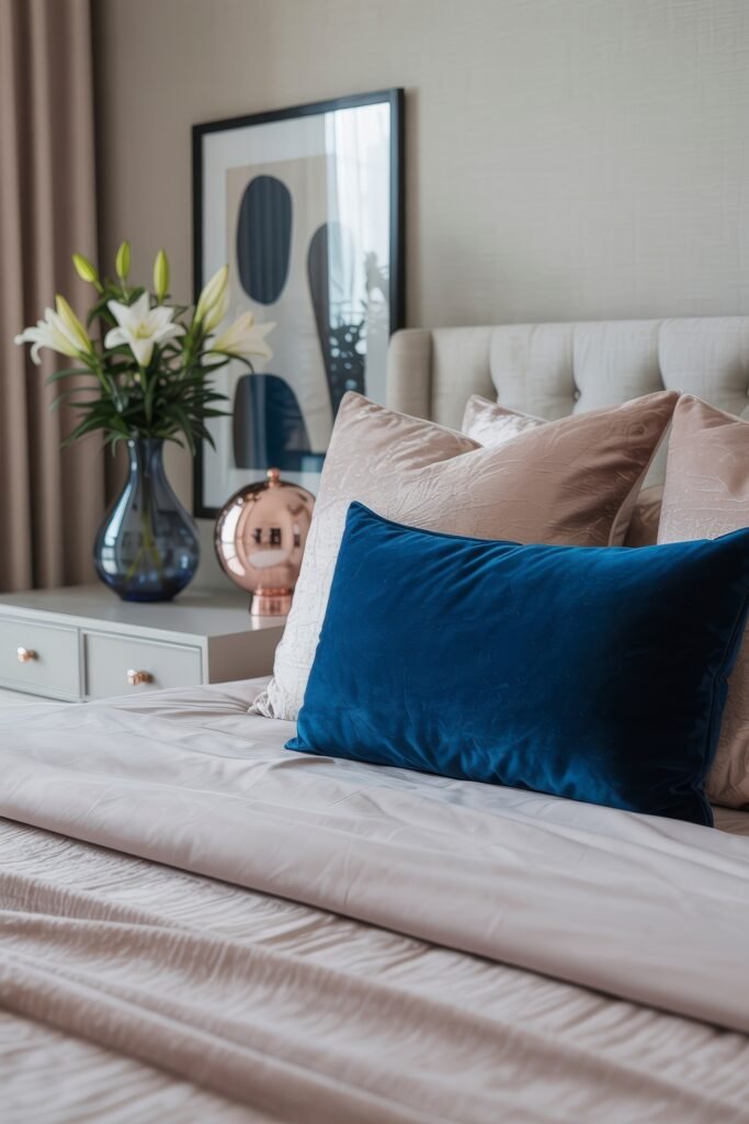 Glam Bedroom Décor: Essential Tips for Luxe Sleep 32 Sophisticated bedroom styled with blush and navy blue accent pillows, soft bedding, and decor touches like white lilies in a glass vase and a modern framed print in the background.