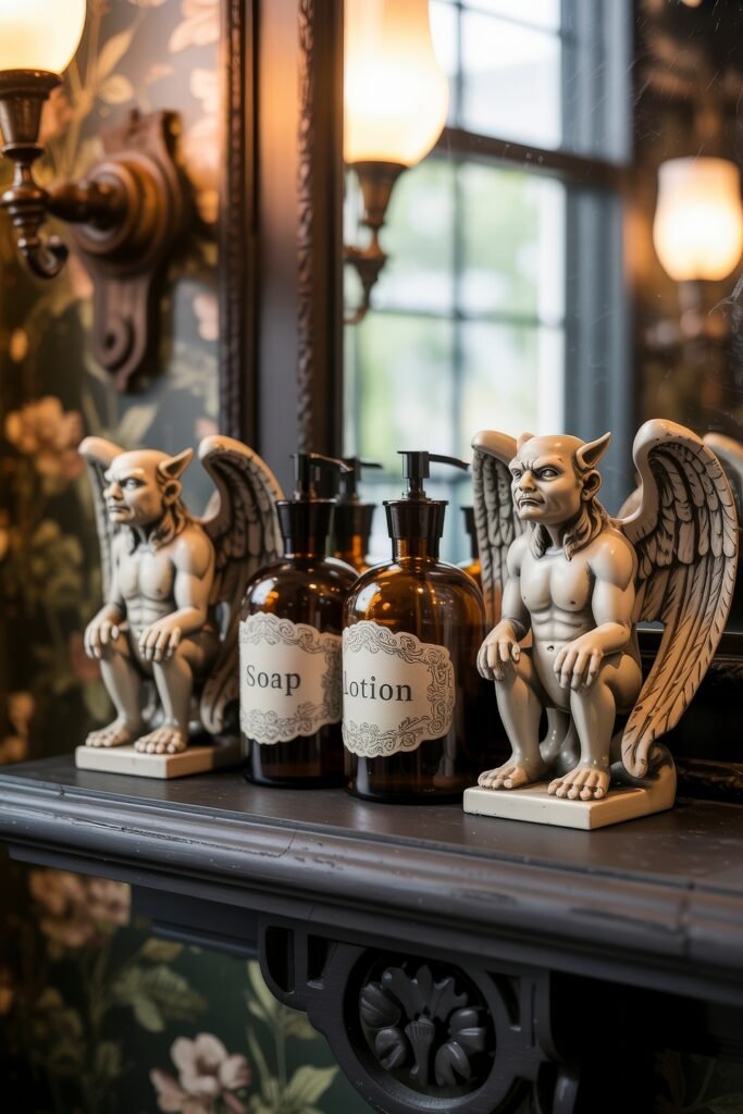 Gothic Bathroom Ideas: Genius Touches for Moody Glam 33 Two gargoyle statues flank amber glass soap and lotion dispensers on a dark shelf, set against a floral wallpaper backdrop and vintage lighting, blending Gothic whimsy with Victorian elegance.