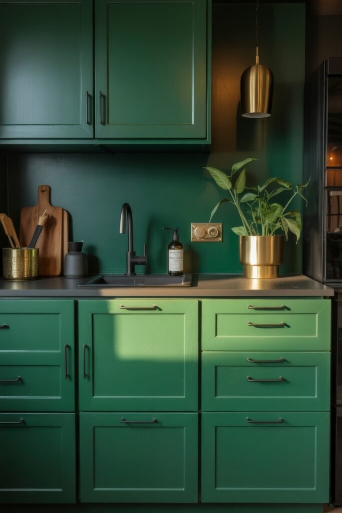 Green Kitchen Cabinets: Stylish Ways to Elevate Style 30 Stylish Green-Themed Kitchen with matte emerald cabinets, black faucet and sink, brass pendant light, and a gold planter, blending modern accents with deep green tones and wood accessories.
