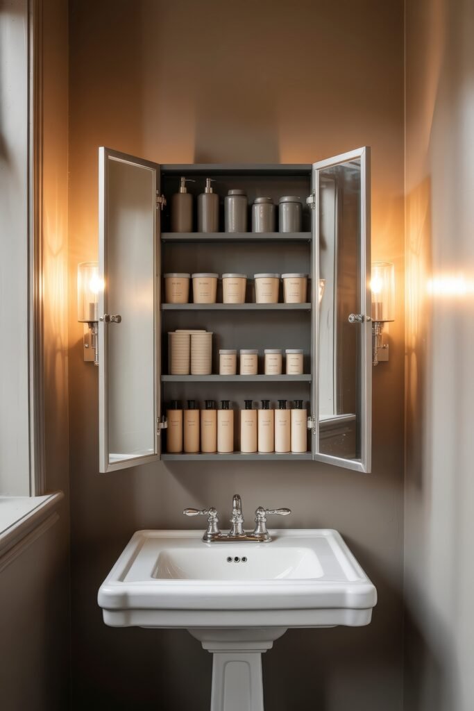 Neutral Bathroom Ideas: Genius Spa-Like Upgrades 32 Elegant pedestal sink beneath a mirrored cabinet with both doors open, revealing neatly arranged beige and gray bottles and jars, framed by soft wall sconces on a warm taupe background.