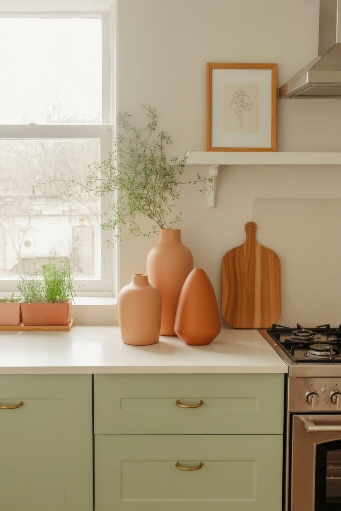 Sage Green Kitchen Bliss: Inspiring Ideas 29 Soft and serene kitchen with sage green drawers, neutral countertops, terracotta vases, framed botanical artwork, and a gas stove beside a large window.