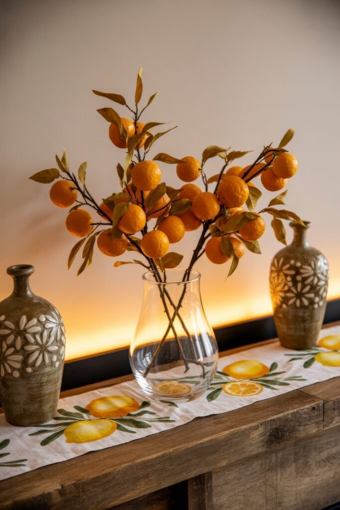 Summer Mantel Decor Tips (Even If You Don’t Have a Fireplace) 28 Vibrant orange branches in a clear vase flanked by two decorative vases on a wooden mantel with a lemon-themed runner, creating a cheerful summer décor vibe.
