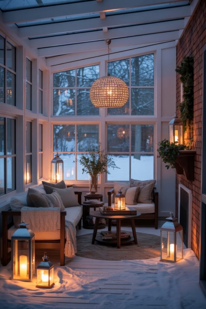 Indoor Sunroom Furniture Ideas for Cozy Winters & Breezy Summers 27 Cozy winter sunroom furniture with lanterns, cushioned seating, and a woven pendant light, surrounded by snow.