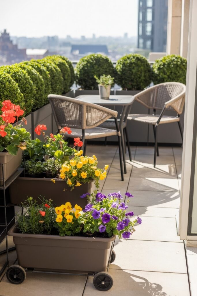 Stylish Rooftop and Terrace Garden Design 37 Small balcony garden bursting with vibrant pansies and geraniums in mobile planters, complemented by a neat hedge and a bistro-style table and chairs.