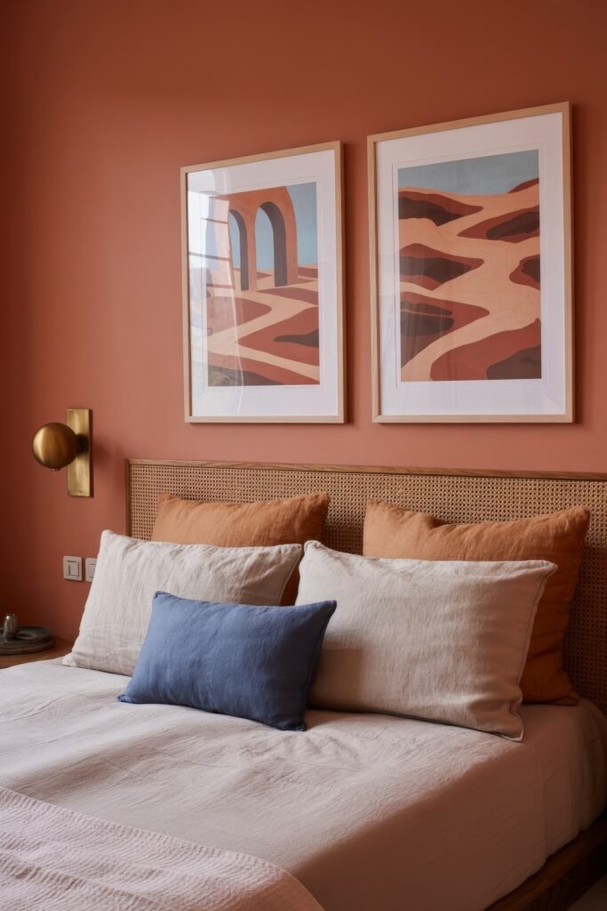 Terracotta Bedroom Ideas: Genius Ways to Glow 30 Earth-toned bedroom with a rattan headboard, neutral and rust-colored pillows, a dusty blue accent cushion, and framed desert-themed artwork above the bed.