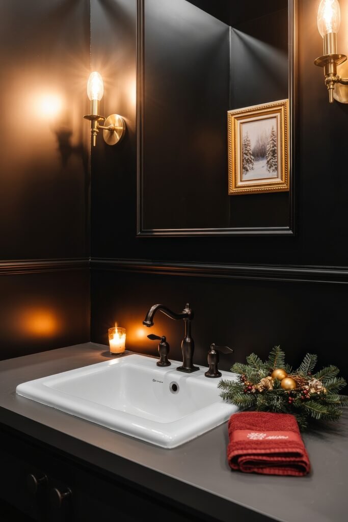 Black Bathroom Ideas: Genius Ways to Create Moody Glam 27 A warmly lit bathroom with black walls and brass light fixtures features a white sink with bronze faucets, a lit candle, festive pine and ornament decor, and a folded red towel embroidered with “Merry Christmas.”