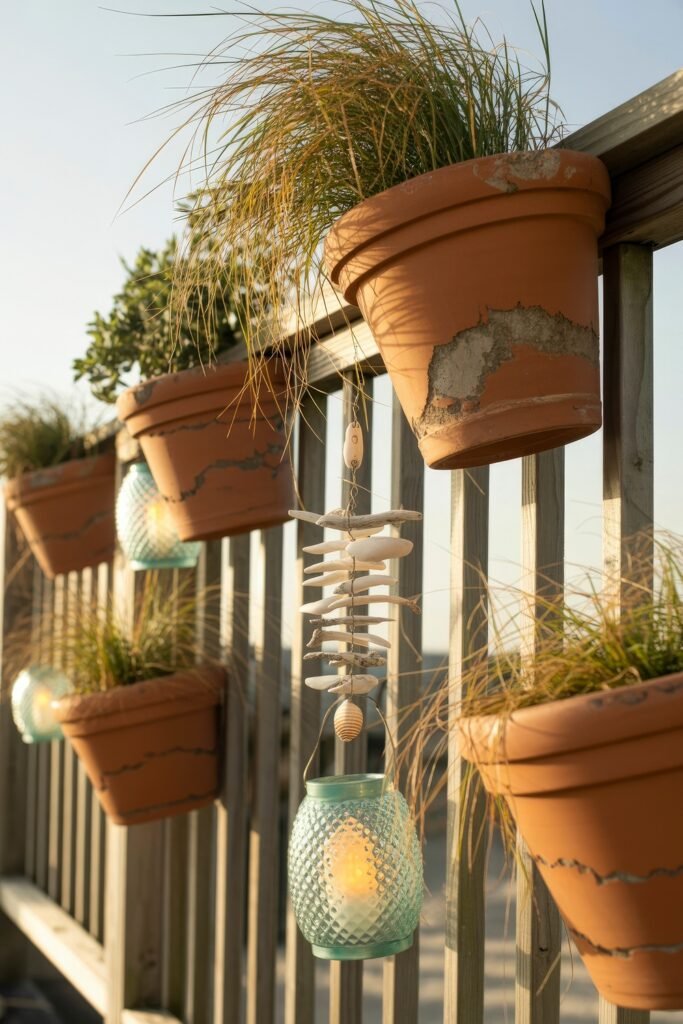 Coastal Summer Vibes for City Apartments 38 Rustic fence decorated with weathered terracotta pots, hanging seashell garland, and teal lanterns, creating a breezy coastal summer decor look.