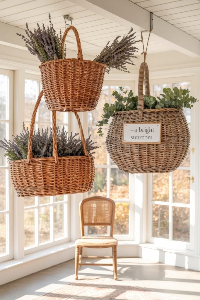 Cozy Fall Sunroom Ideas: Autumn Decor for a Warm Retreat 32 Sunroom with large windows, hanging wicker baskets filled with lavender and greenery, and a wooden chair in the background, perfect for Fall Sunroom Ideas.