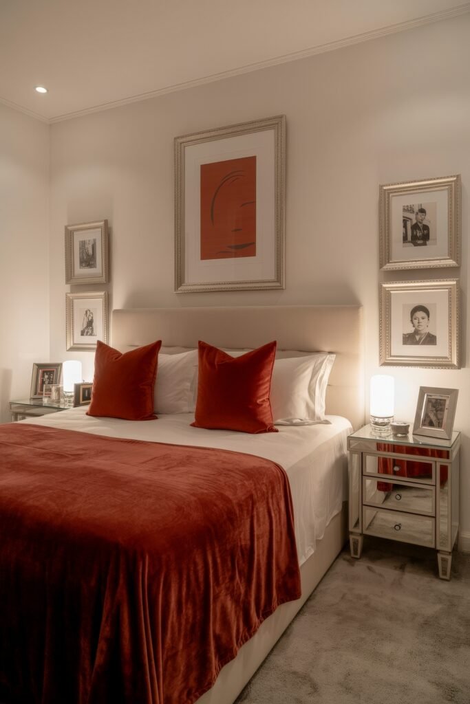 Glam Bedroom Décor: Essential Tips for Luxe Sleep 33 Warm and intimate bedroom with burnt orange velvet bedding and pillows, surrounded by framed art and portraits, soft lighting, and mirrored nightstands adding a subtle glamour.