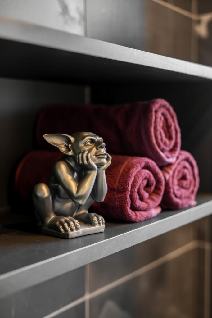 Gothic Bathroom Ideas: Genius Touches for Moody Glam 34 A pensive gargoyle figurine sits beside neatly rolled burgundy towels on a black shelf in a dark-tiled bathroom, offering a subtle Gothic Bathroom Ideas accent with playful character.