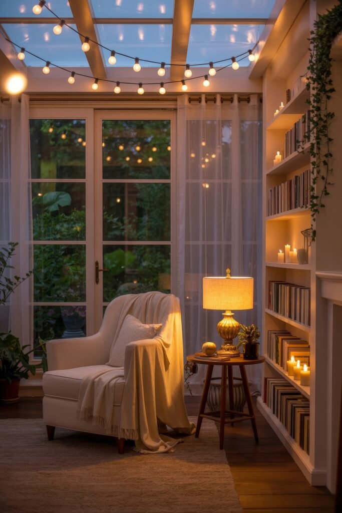 Indoor Sunroom Furniture Ideas for Cozy Winters & Breezy Summers 28 Intimate four-season room with a white armchair, side table, string lights, and a bookshelf filled with candles.