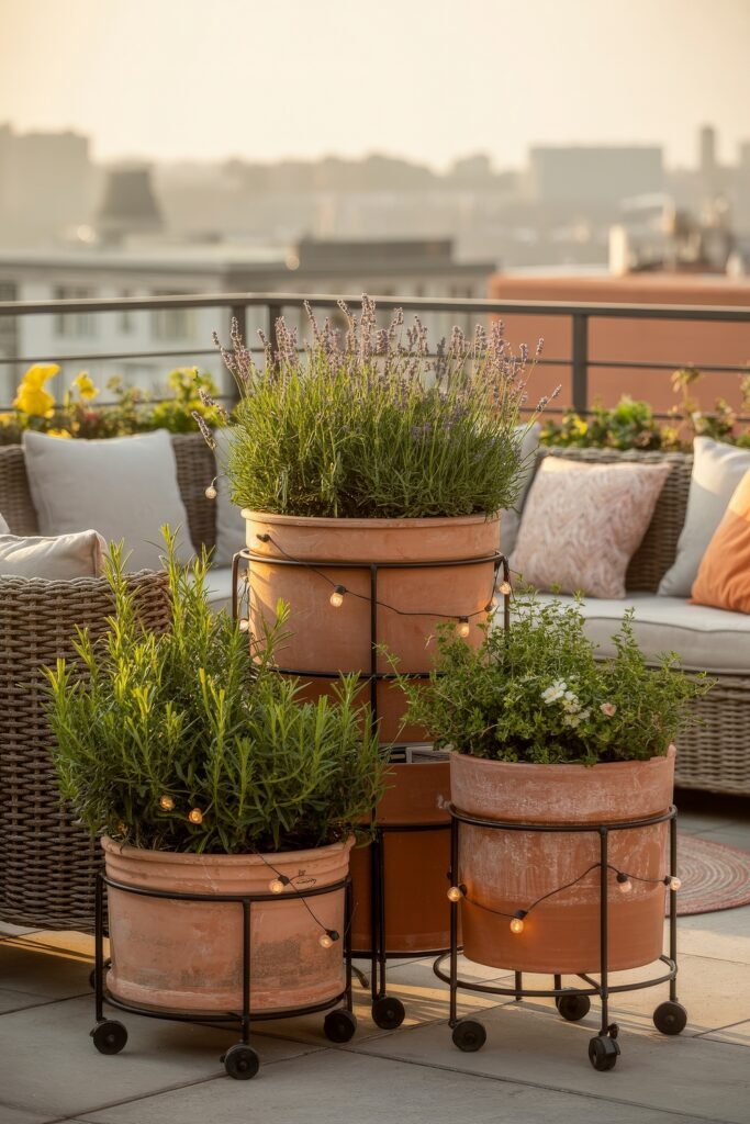Stylish Rooftop and Terrace Garden Design 38 Rustic terracotta planters on wheels filled with rosemary, lavender, and other herbs, softly lit by string lights, creating a charming, aromatic urban retreat.