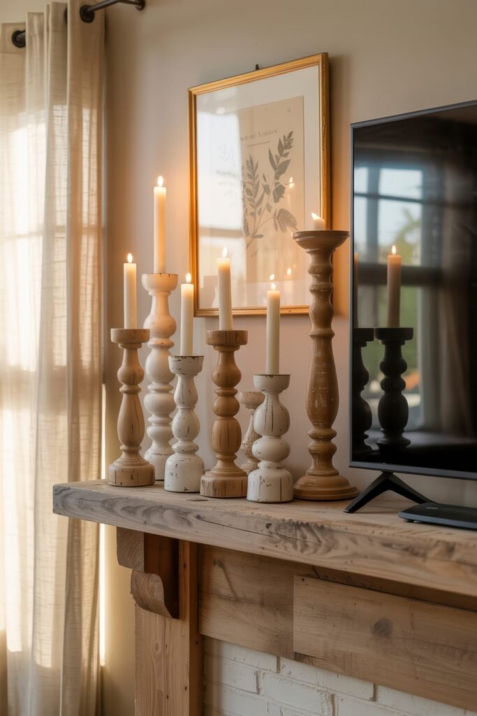 Summer Mantel Decor Tips (Even If You Don’t Have a Fireplace) 29 Rustic mantel display with assorted white and wood candle holders topped with lit candles, adding cozy summer mantel decor charm.