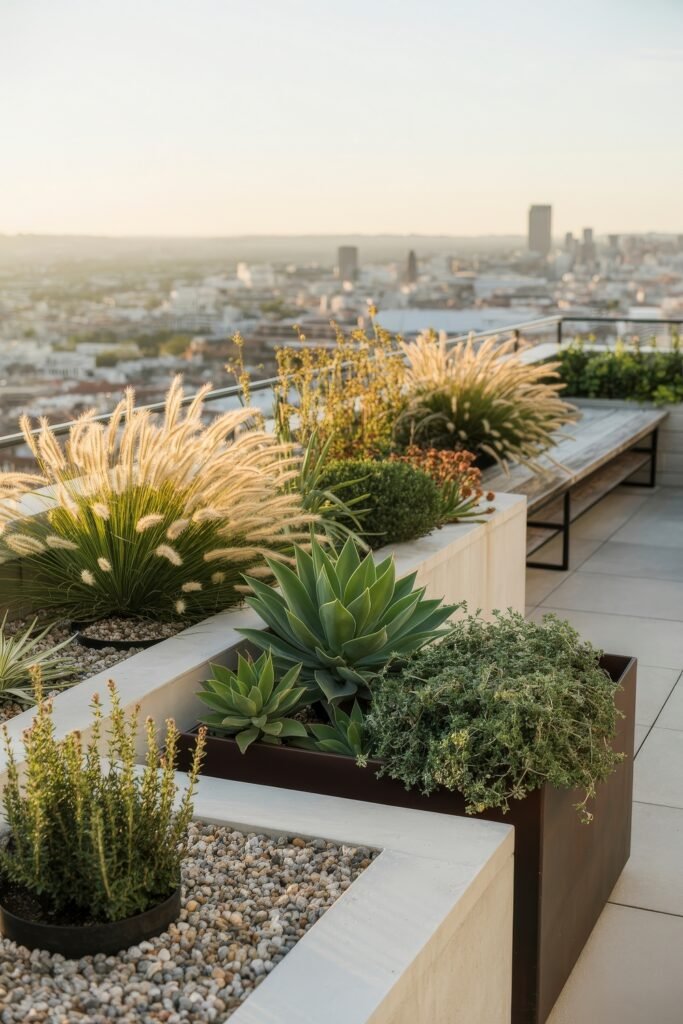 Stylish Rooftop and Terrace Garden Design 39 Rooftop garden filled with drought-tolerant plants like agave and fountain grass, arranged in stone-lined beds with panoramic city views in the background.