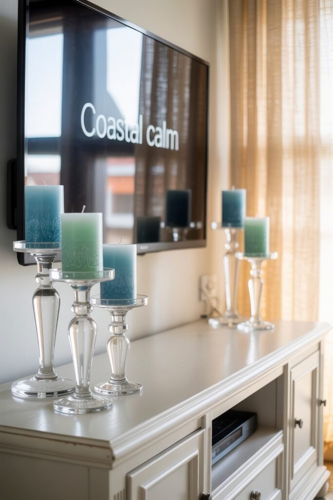 Summer Mantel Decor Tips (Even If You Don’t Have a Fireplace) 30 Coastal-inspired TV stand with blue and green pillar candles on glass holders, creating a serene summer décor look.