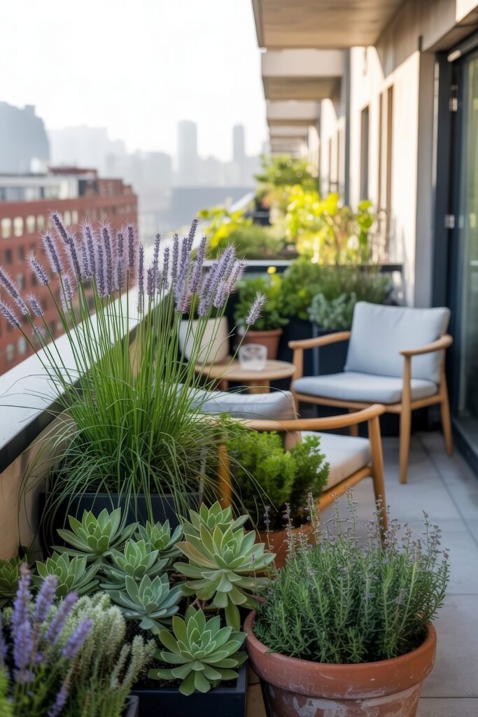 Stylish Rooftop and Terrace Garden Design 40 Narrow high-rise balcony transformed with potted succulents, herbs, and lavender, alongside comfortable chairs for enjoying a lush, elevated urban garden.