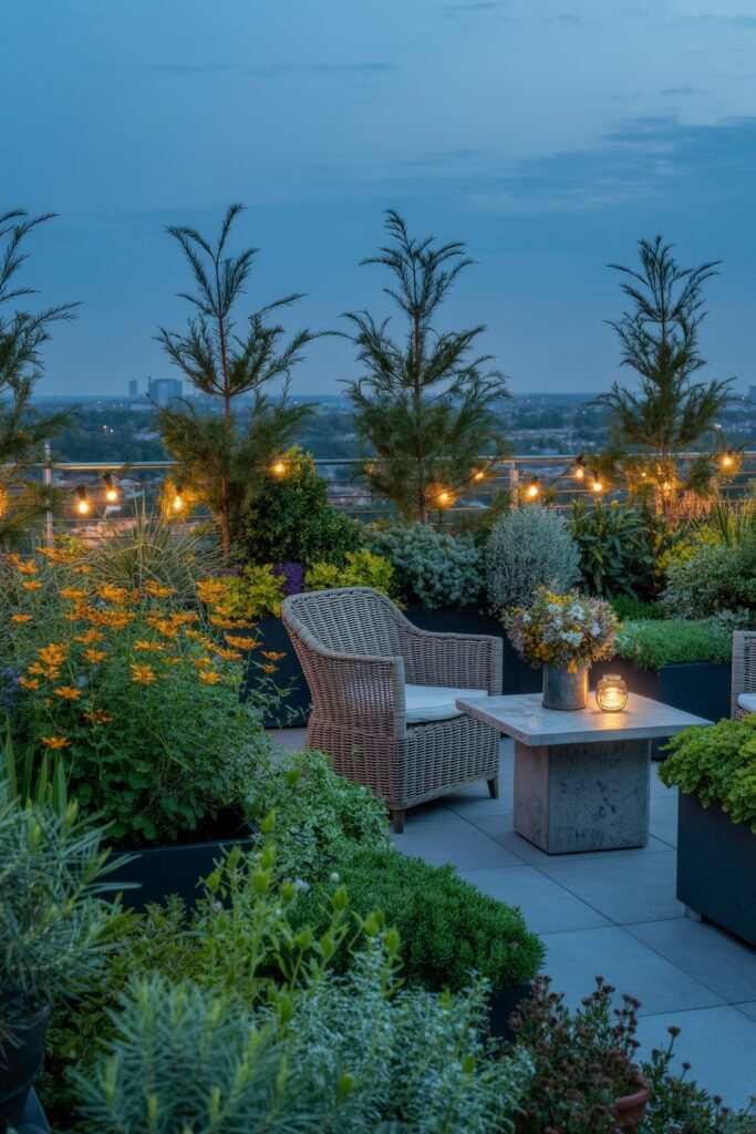 Stylish Rooftop and Terrace Garden Design 41 Rooftop garden at twilight, brimming with flowering plants, evergreens, and glowing lanterns, with cozy rattan chairs offering an inviting space for evening relaxation.
