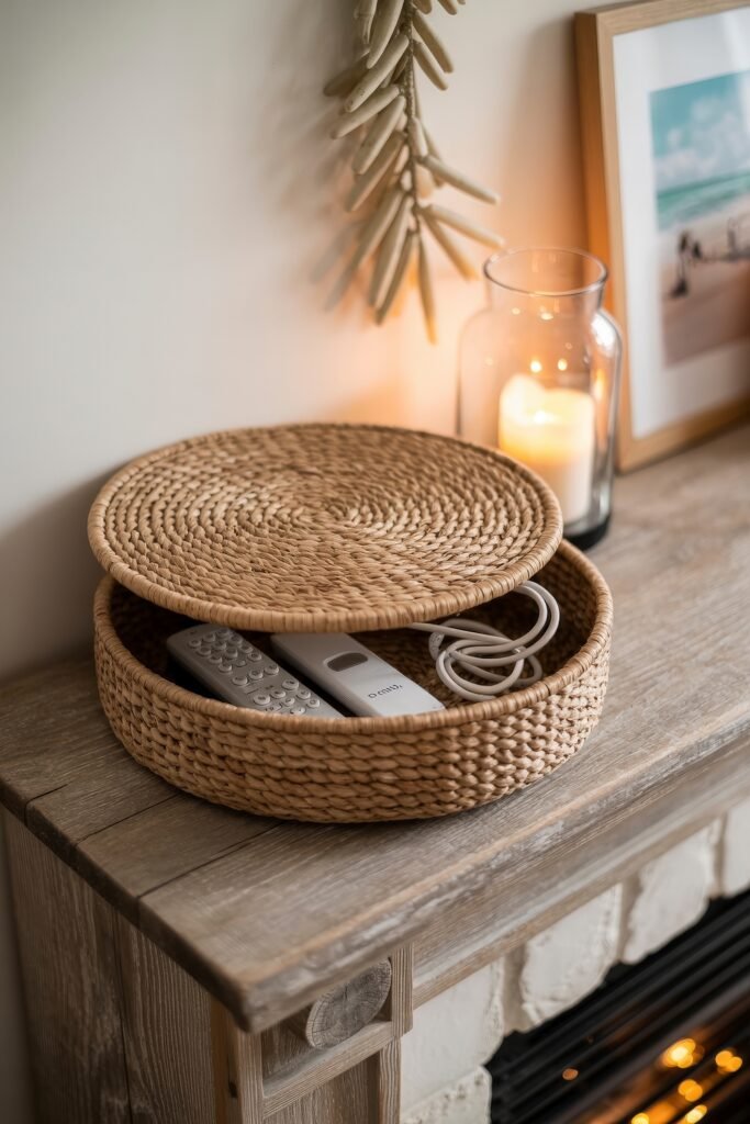 Summer Mantel Decor Tips (Even If You Don’t Have a Fireplace) 31 Woven basket holding remotes and cables on a rustic wooden mantel next to a glowing candle, blending practical storage with summer décor style.
