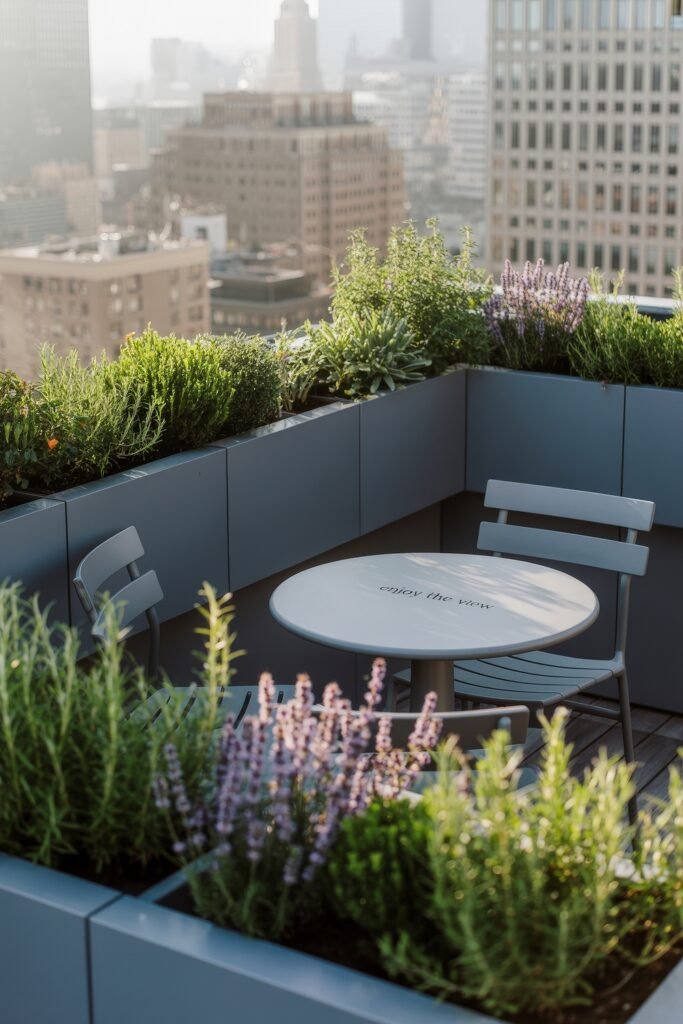 Stylish Rooftop and Terrace Garden Design 42 Corner rooftop seating nook enclosed by lavender and rosemary planters, featuring a round metal table inscribed with "enjoy the view," overlooking a city skyline.