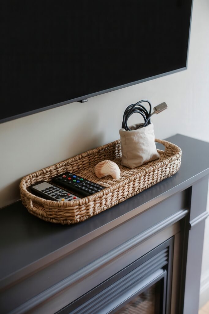 Summer Mantel Decor Tips (Even If You Don’t Have a Fireplace) 32 Long wicker tray with TV remotes, a seashell, and a cloth pouch of cords on a black mantel, adding a casual summer touch.