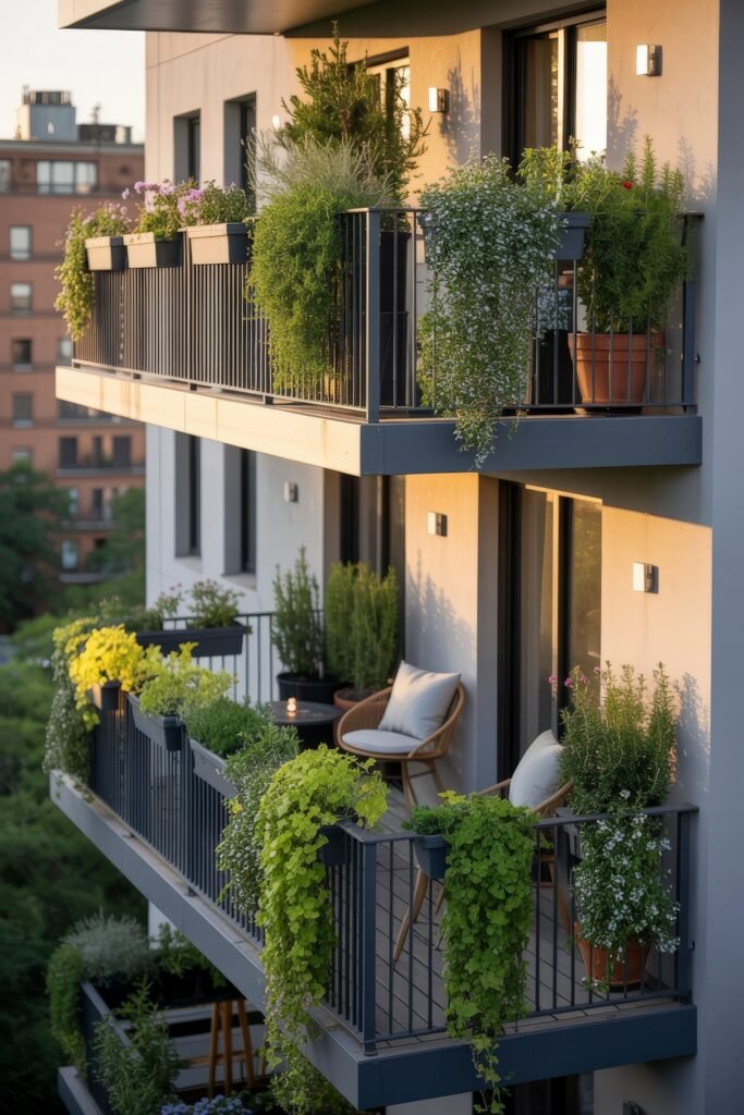 Stylish Rooftop and Terrace Garden Design 43 Residential balconies densely packed with hanging and potted greenery, with each floor featuring chairs, cushions, and soft lighting for a vertical garden sanctuary.