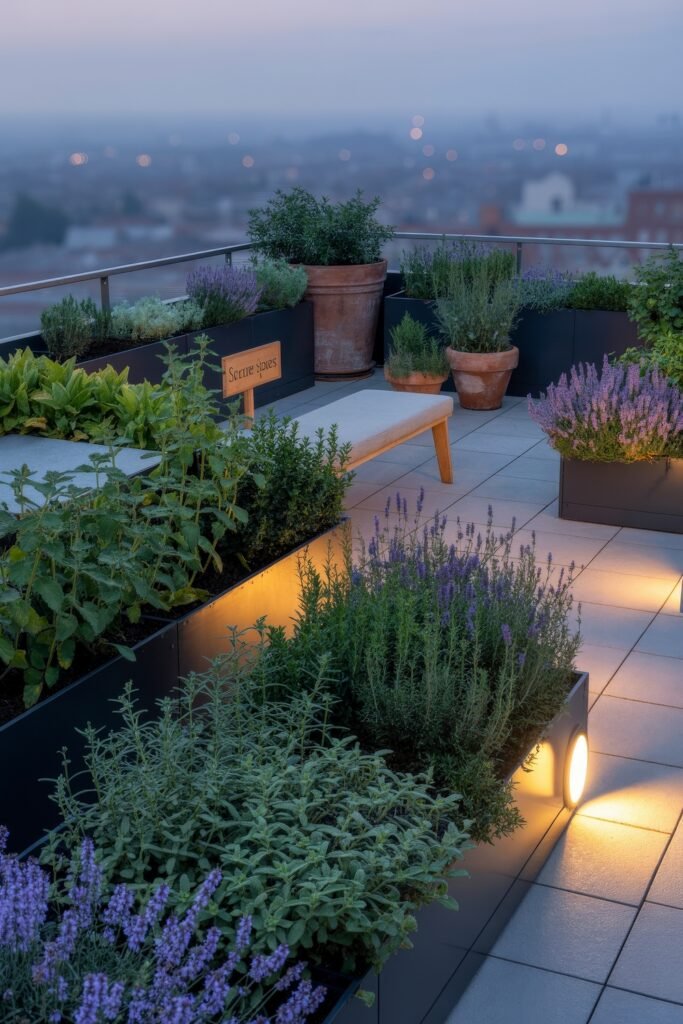 Stylish Rooftop and Terrace Garden Design 44 Rooftop herb garden labeled "Secure spices," filled with a variety of fragrant plants like mint, thyme, and lavender, softly illuminated for tranquil twilight gardening.