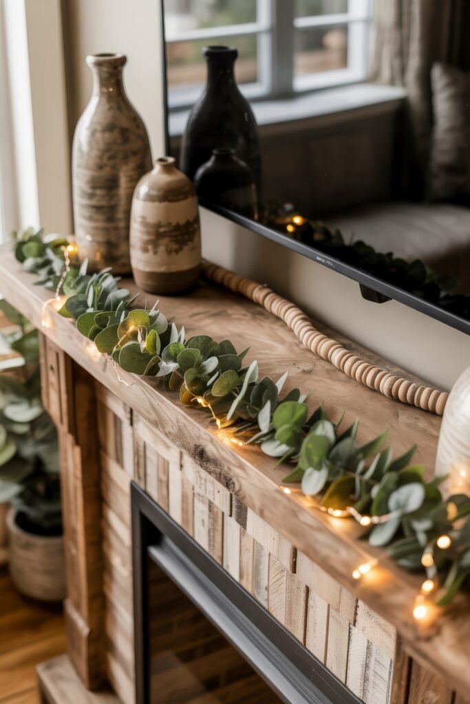 Summer Mantel Decor Tips (Even If You Don’t Have a Fireplace) 33 Wooden mantel adorned with a eucalyptus garland and fairy lights, accented by earthy vases, making a fresh summer mantel decor statement.