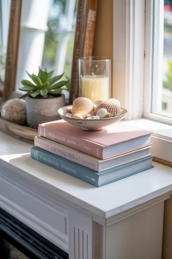 Summer Mantel Decor Tips (Even If You Don’t Have a Fireplace) 35 Stack of pastel books with a seashell bowl and candle beside a potted succulent on a mantel, adding coastal summer décor charm.