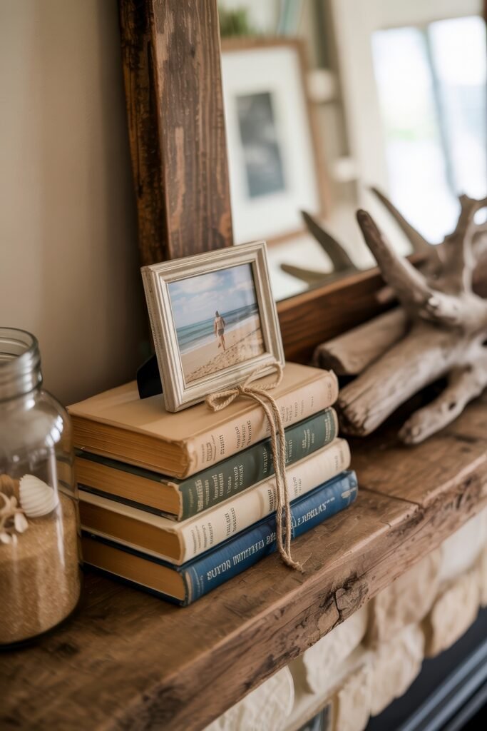 Summer Mantel Decor Tips (Even If You Don’t Have a Fireplace) 36 Rustic mantel with stacked vintage books, a beach photo in a frame, a jar of sand and seashells, and driftwood, evoking relaxed summer décor.