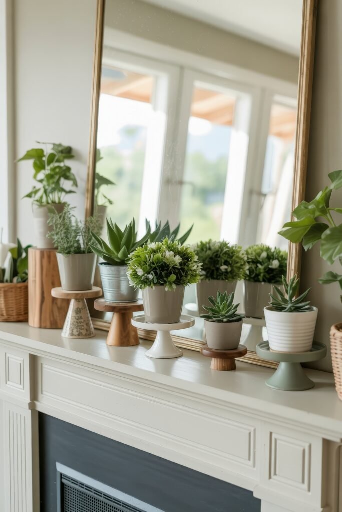 Summer Mantel Decor Tips (Even If You Don’t Have a Fireplace) 37 Fresh summer mantel decor with assorted potted plants and succulents in various pots and stands, reflecting a vibrant botanical theme.
