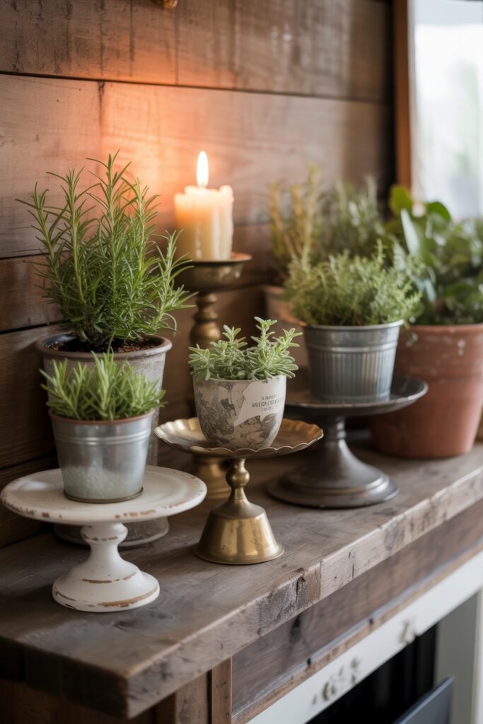 Summer Mantel Decor Tips (Even If You Don’t Have a Fireplace) 38 Rustic mantel filled with potted herbs on vintage stands, accompanied by a lit candle, creating a cozy summer décor atmosphere.