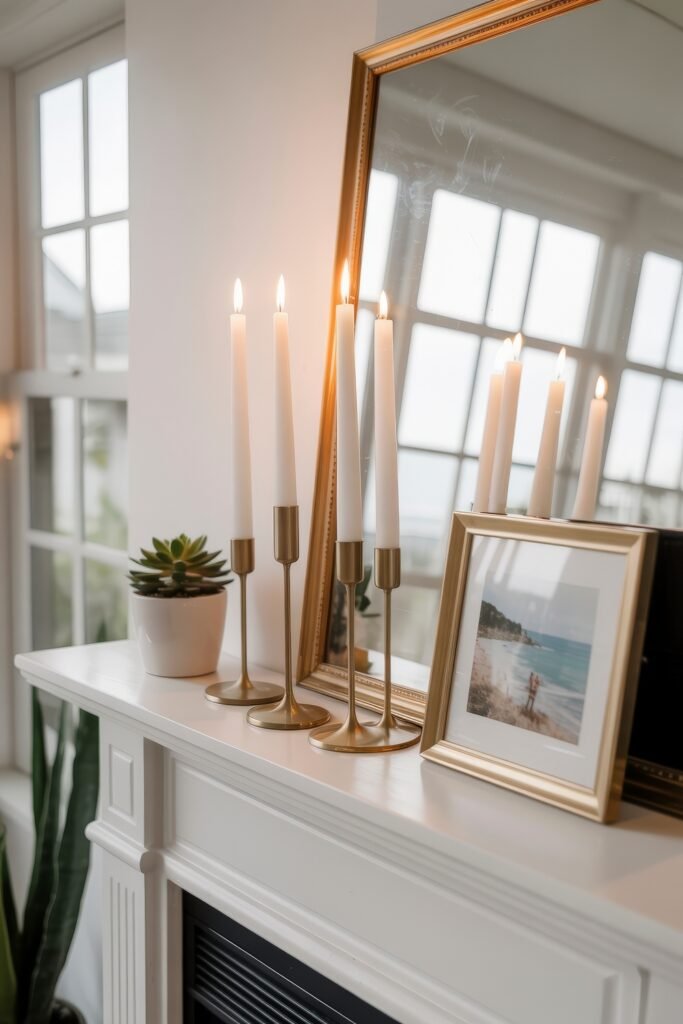 Summer Mantel Decor Tips (Even If You Don’t Have a Fireplace) 39 Elegant summer mantel decor featuring gold candle holders with tall white candles, a small succulent, and a framed beach photo.