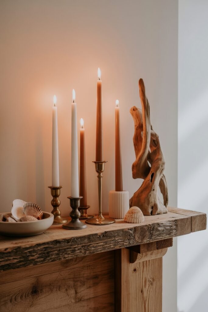 Summer Mantel Decor Tips (Even If You Don’t Have a Fireplace) 40 Natural wood mantel with assorted taper candles in brass holders, seashells, and driftwood, offering a warm, coastal summer mantel look.