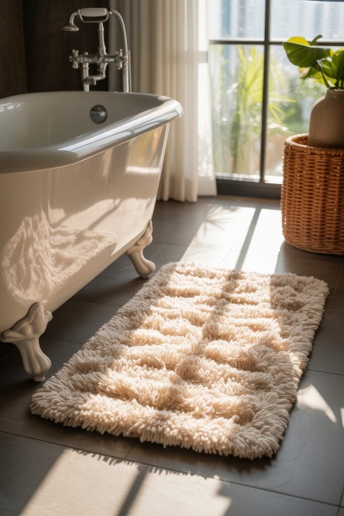 Bathroom Essentials for First Apartment: Genius Must-Haves 5 Beige textured bath mat in front of a clawfoot bathtub, bathed in natural sunlight near a window with indoor plants, highlighting comfort and style for First Apartment Planning.