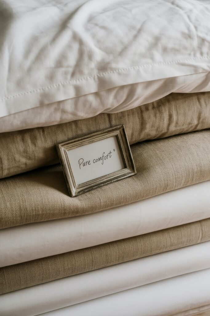 Bedroom Essentials for Your First Apartment: 12 Genius Must-Haves 4 A small decorative frame reading "Pure comfort" placed on top of a neatly stacked pile of beige and white bedding, representing cozy and inviting first apartment planning.