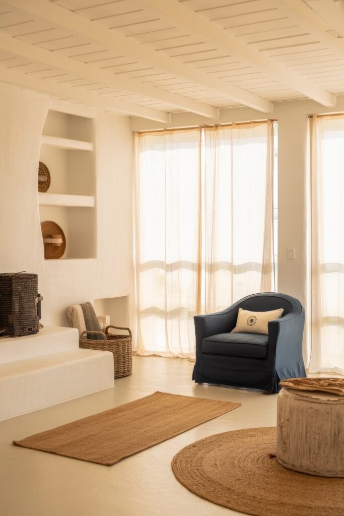 Coastal Summer Vibes for City Apartments 5 Minimalist living room with a navy armchair, neutral woven rugs, and soft natural light filtering through sheer curtains.