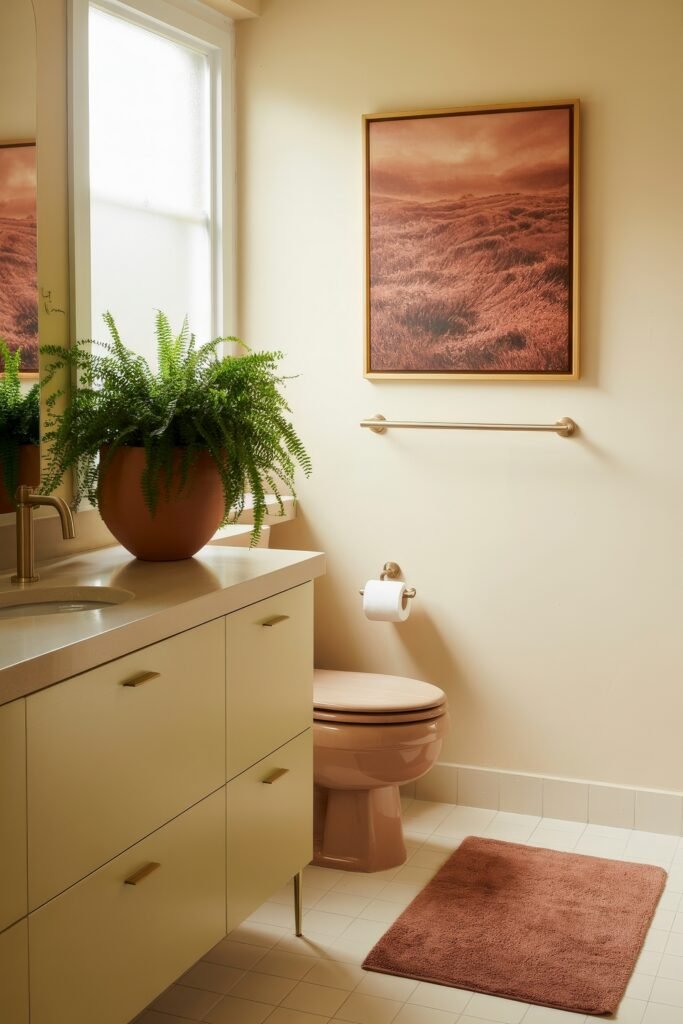 Cream Bathroom Ideas: Genius Ways to Warm Up Your Space 4 Modern bathroom with a beige vanity, blush-toned toilet, large terracotta planter, and landscape artwork, blending natural elements into a Neutral & White Bathroom Themes aesthetic.