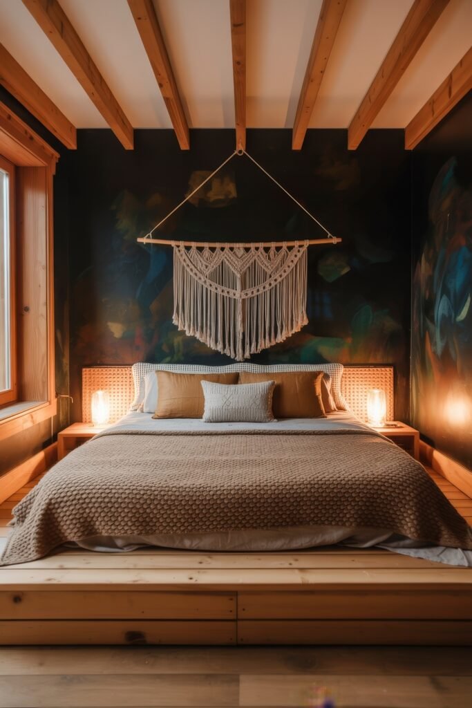 Dark Boho Bedroom Ideas: Unexpected Tricks for Cozy Drama 5 Earthy bedroom with a wooden platform bed, textured bedding in beige and ochre, abstract dark wall mural, and a large macrame centerpiece under exposed ceiling beams.