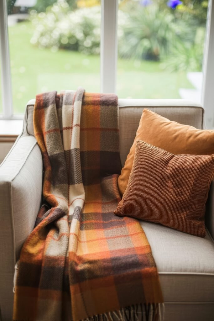 Cozy Fall Sunroom Ideas: Autumn Decor for a Warm Retreat 5 Light gray armchair with plaid fall blanket and orange pillows by a window overlooking a garden.