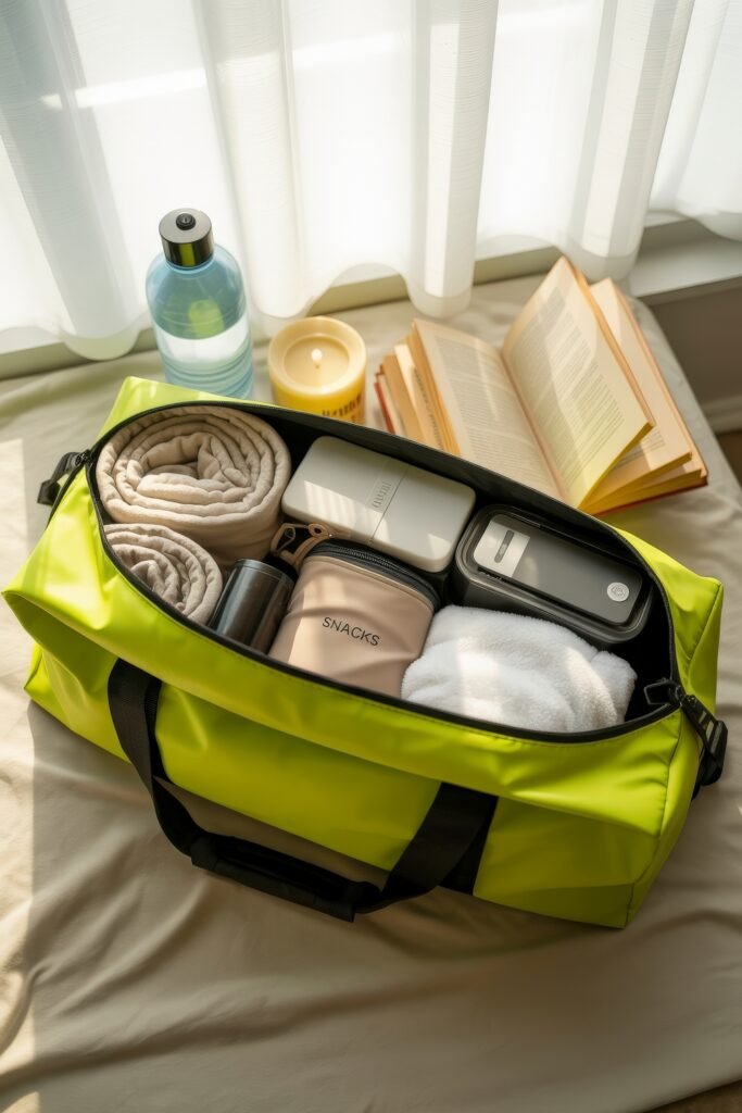 First Apartment Checklist: Essential Tips You’ll Love 6 Open neon green duffel bag on a bed packed with towels, snacks, toiletries, and water bottle next to an open book and candle—representing a practical First Apartment Planning moment.