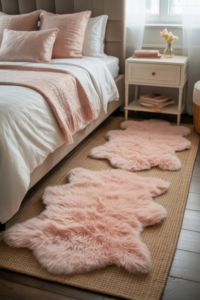 Glam Bedroom Décor: Essential Tips for Luxe Sleep 4 Side view of a feminine bedroom with pink pillows and throws on a tufted headboard bed, complemented by soft pink faux fur rugs layered over a woven carpet for a cozy Glam Bedroom Décor look.