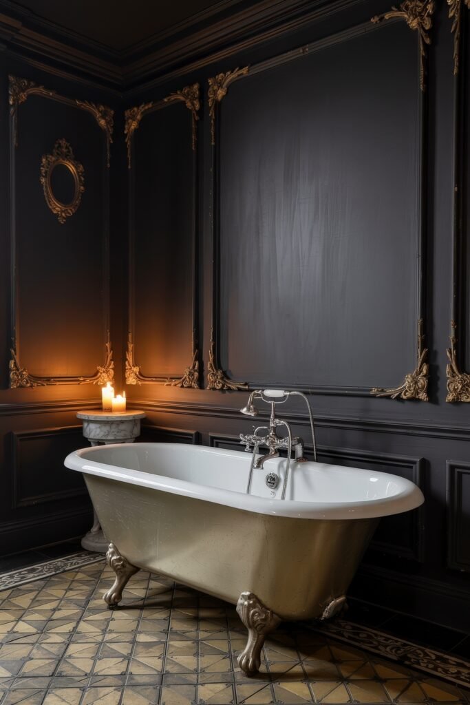Gothic Bathroom Ideas: Genius Touches for Moody Glam 5 Ornate bathroom featuring a clawfoot tub beneath gold-trimmed black paneling, classic floor tiles, and soft candlelight on a marble pedestal, perfectly capturing Gothic Bathroom Ideas.