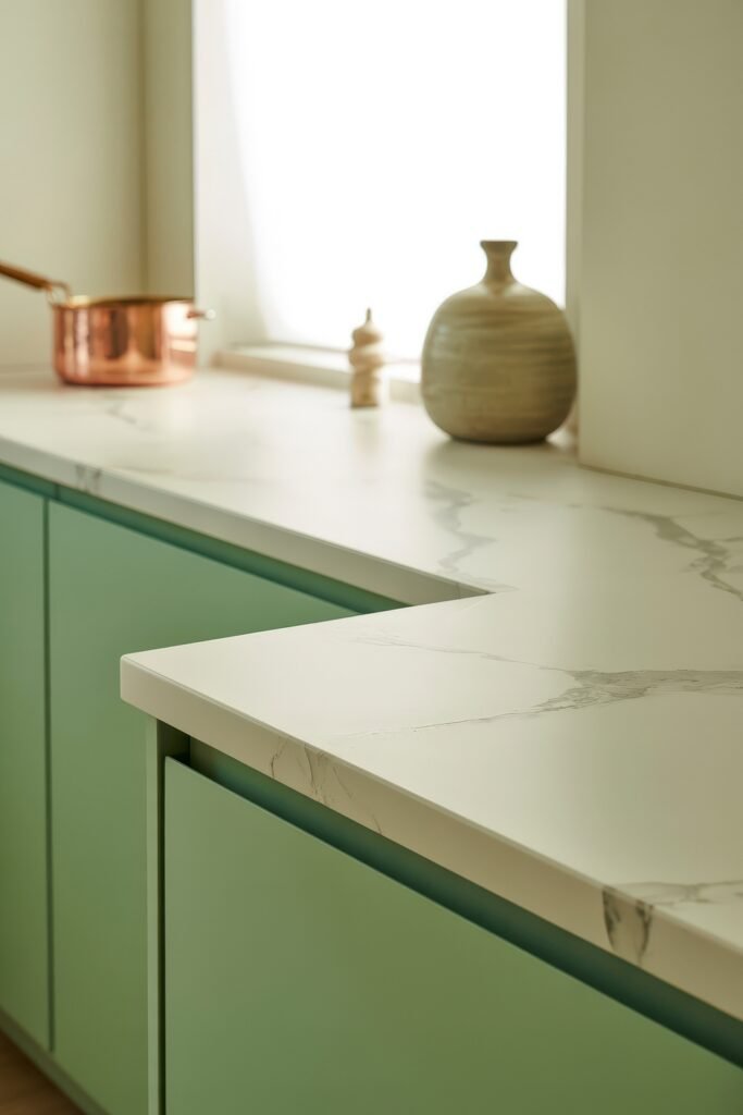 Green Kitchen Cabinets: Stylish Ways to Elevate Style 4 Softly lit kitchen corner with pastel green lower cabinets, white marble-look countertops, and minimalist decor near a window, including a ceramic vase and copper pot.