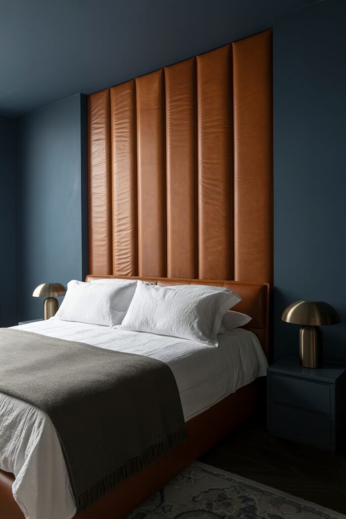 Masculine Luxury Bedroom: Genius Luxe Ideas 4 Minimalist bedroom with a tall, vertical leather headboard in a rich tan tone, crisp white bedding, and a gray throw, set against deep blue walls and warm metallic lamps.